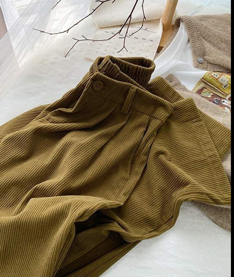 High Waist Wide Leg Vintage Corduroy Cotton Trousers