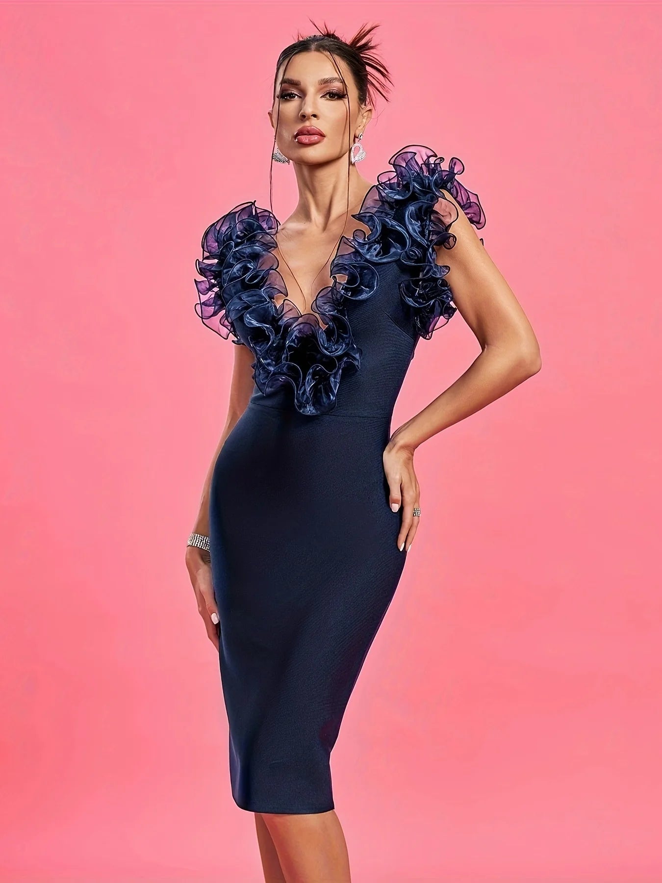 Deep V Neckline Sleeveless Midi Bandage Dress The Black Friesian Deep V Neckline Sleeveless Midi Bandage Dress The Black Friesian