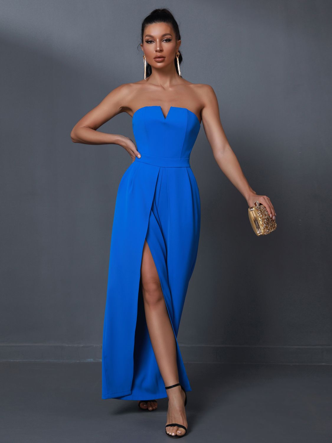 Strapless Split Wide Leg Royal Blue Jumpsuit