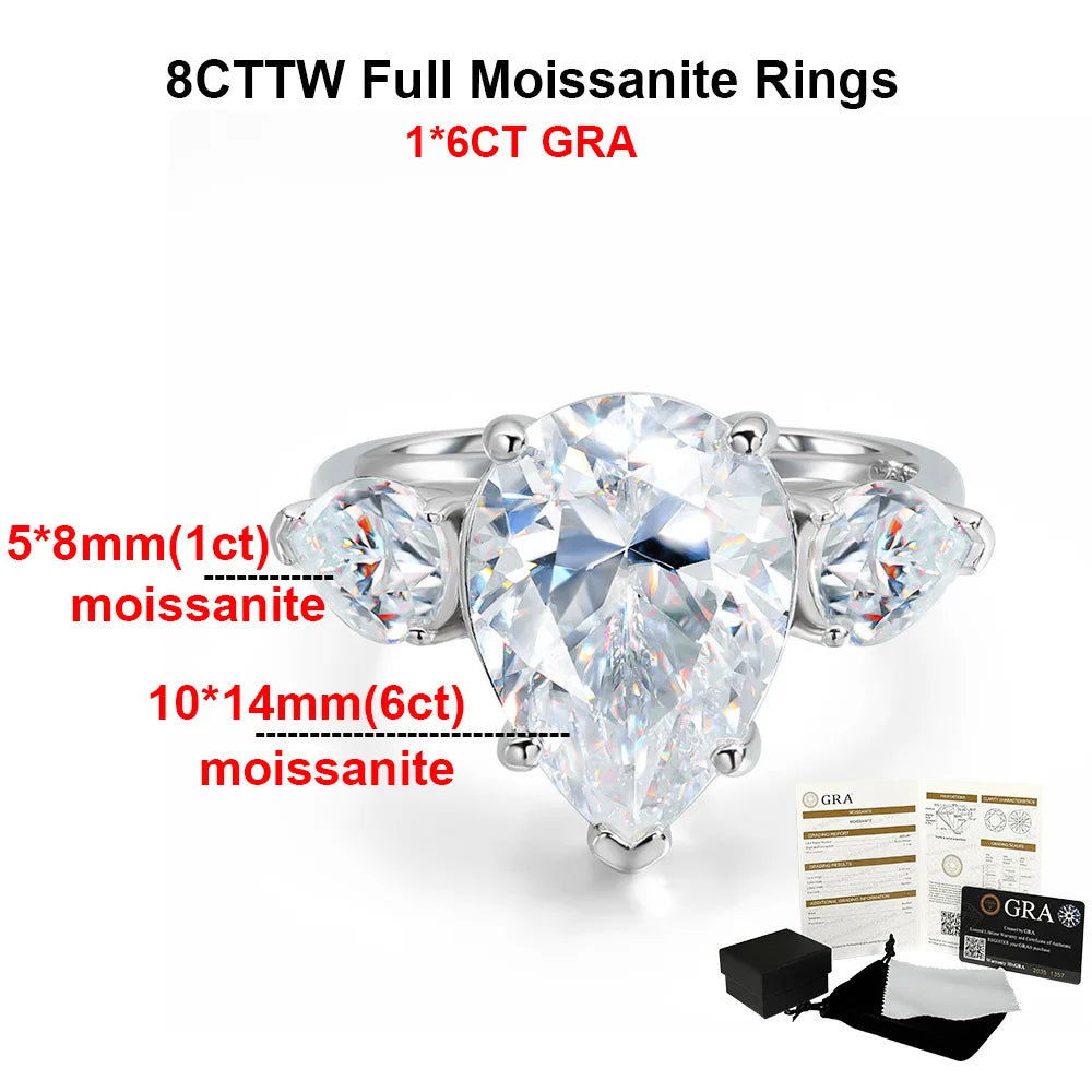 18K Plated 3 Stones 8 Carat Pear Cut Waterdrop Shape Engagement Wedding Moissanite Ring