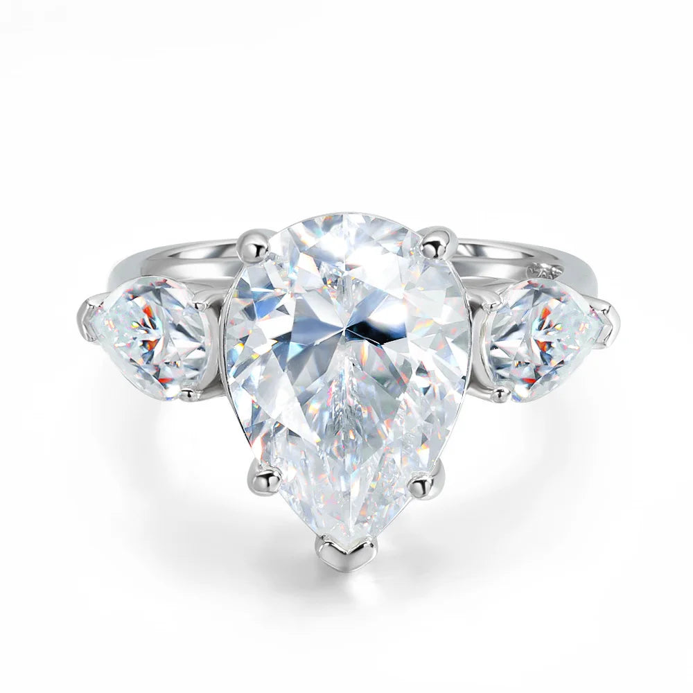 18K Plated 3 Stones 8 Carat Pear Cut Waterdrop Shape Engagement Wedding Moissanite Ring