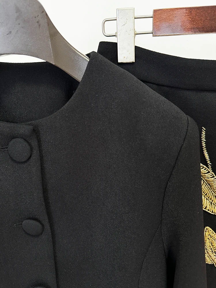 Beaded Cropped Jacket & Midi Skirt Set – Elegant Black Suit