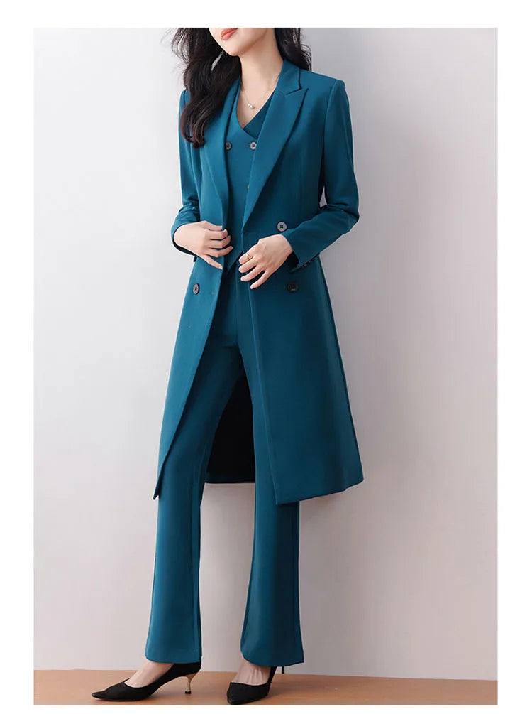Women 3 Pcs Formal Suit Long Blazer, Vest, and Straight Pants Suit