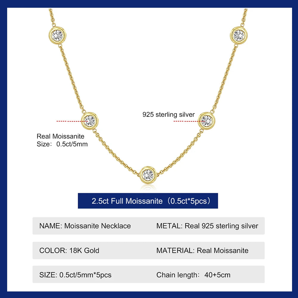 2.5ct Moissanite 5 Stones Moissanite 18k Gold Plated Necklace