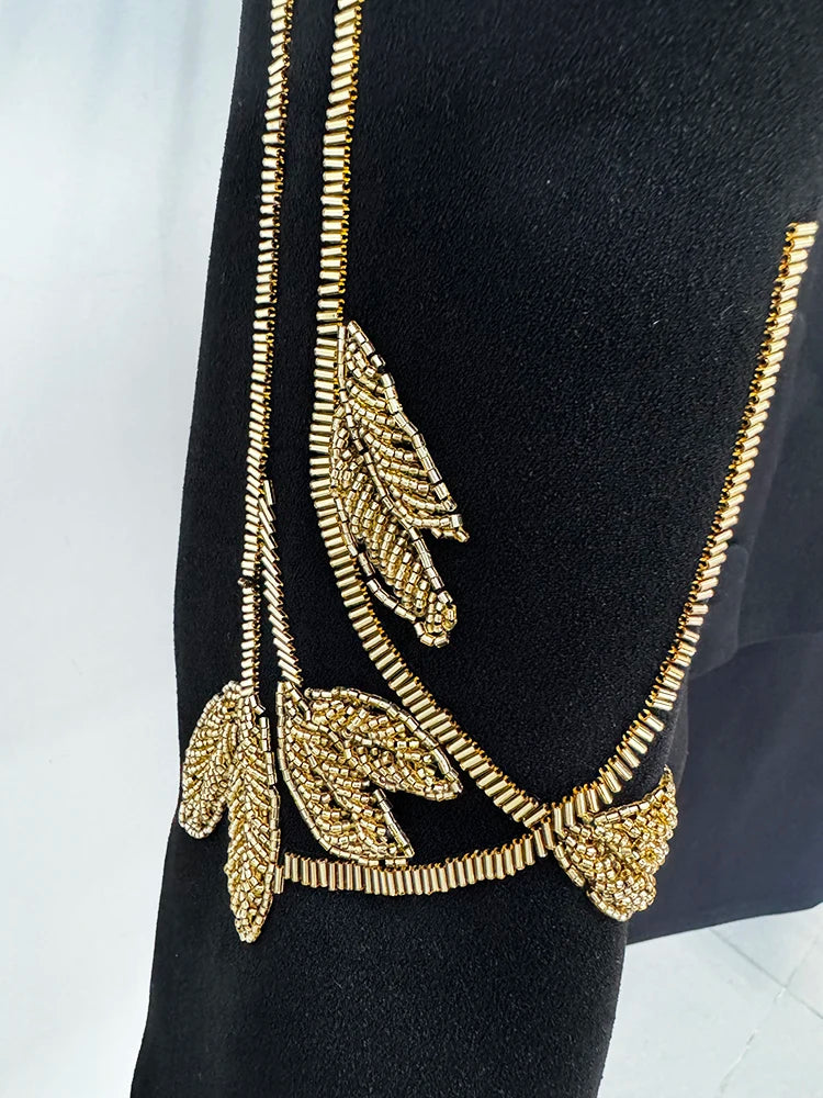 Beaded Cropped Jacket & Midi Skirt Set – Elegant Black Suit