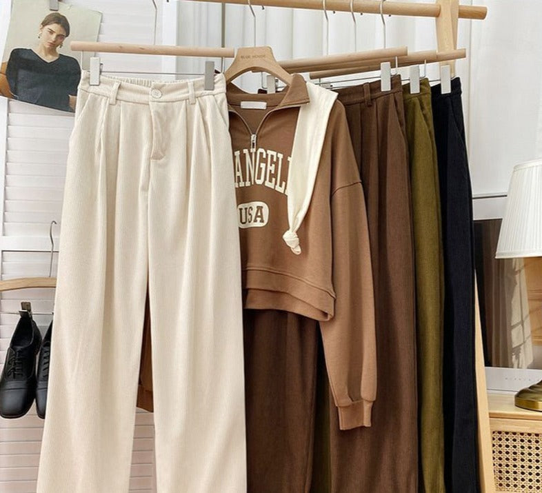 High Waist Wide Leg Vintage Corduroy Cotton Trousers