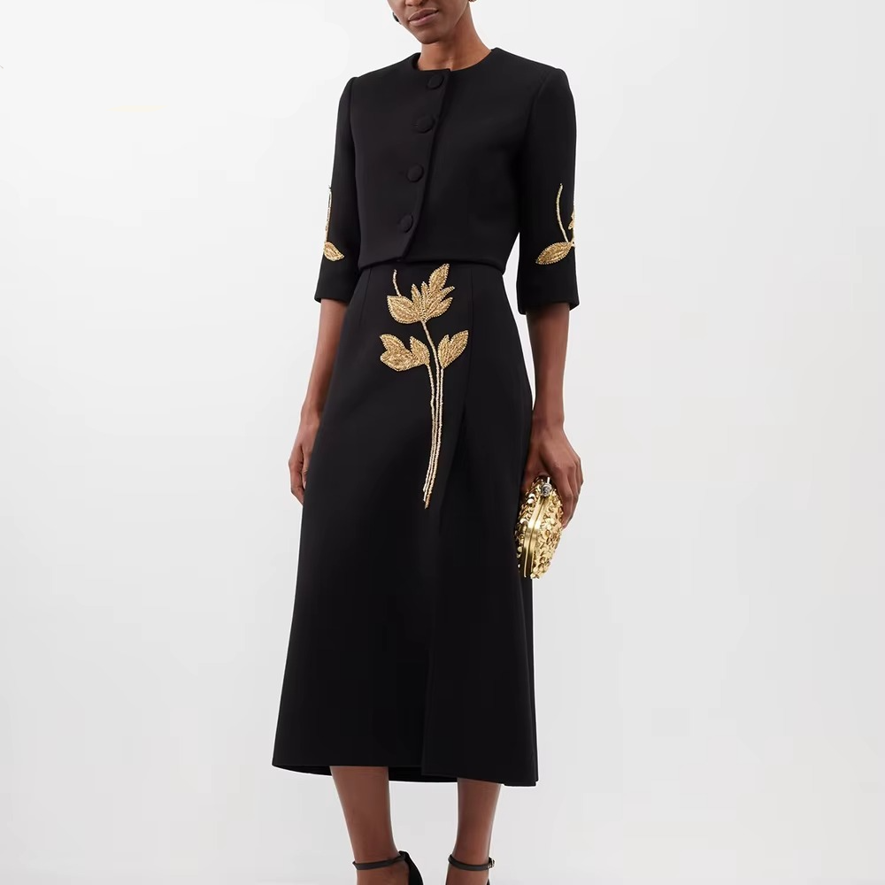 Beaded Cropped Jacket & Midi Skirt Set – Elegant Black Suit