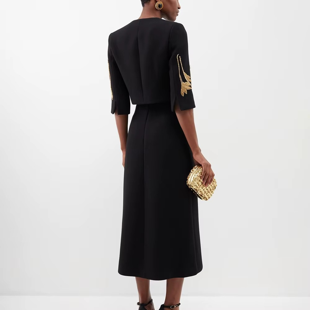 Beaded Cropped Jacket & Midi Skirt Set – Elegant Black Suit