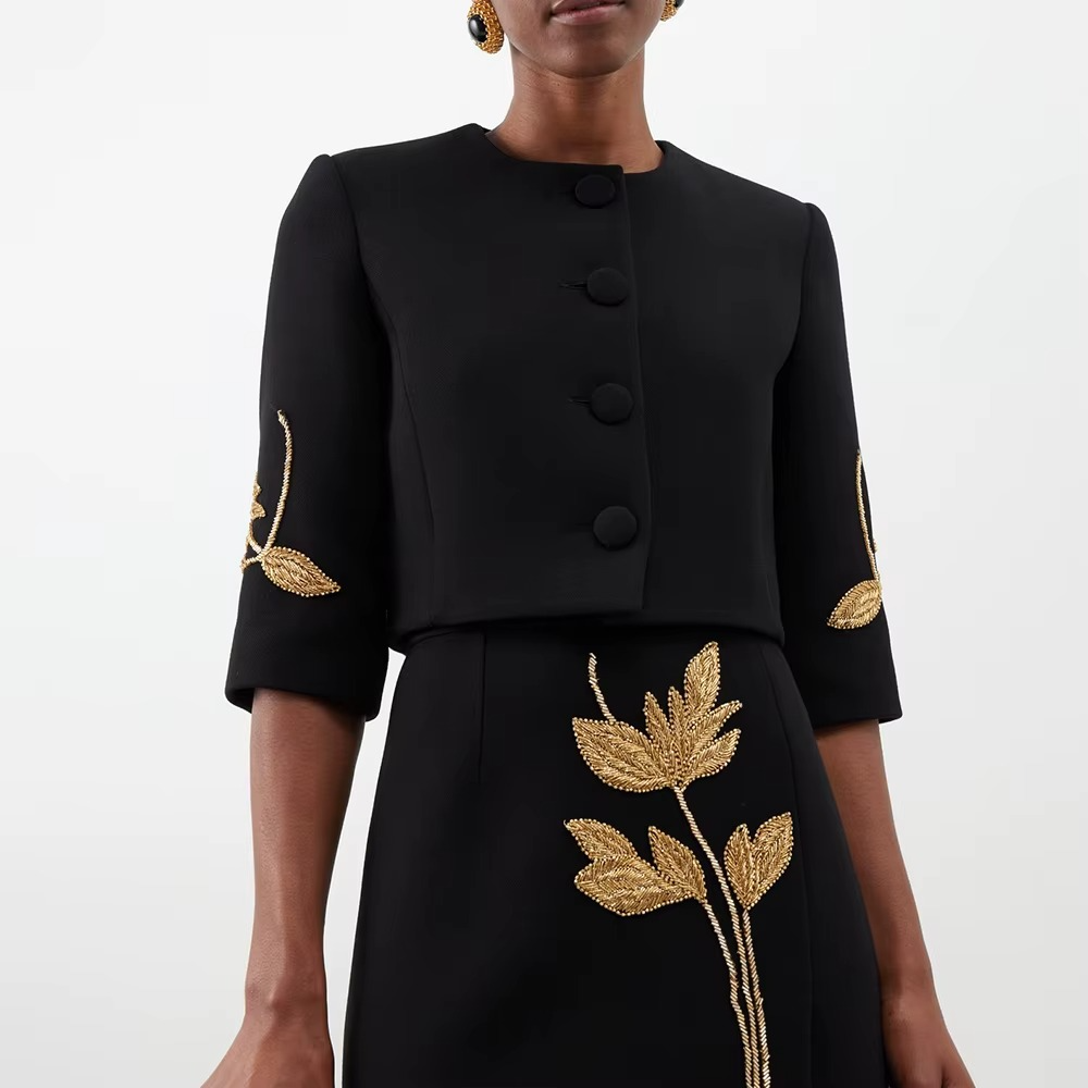 Beaded Cropped Jacket & Midi Skirt Set – Elegant Black Suit