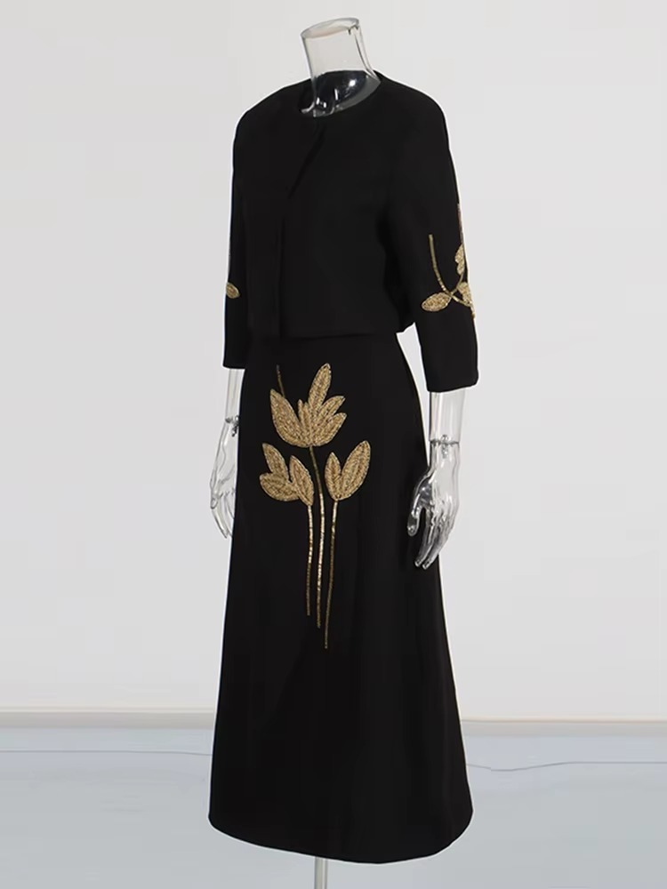 Beaded Cropped Jacket & Midi Skirt Set – Elegant Black Suit