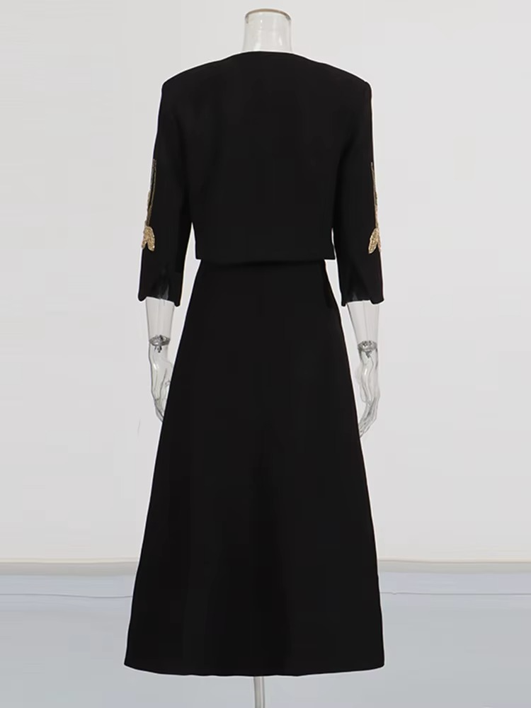 Beaded Cropped Jacket & Midi Skirt Set – Elegant Black Suit