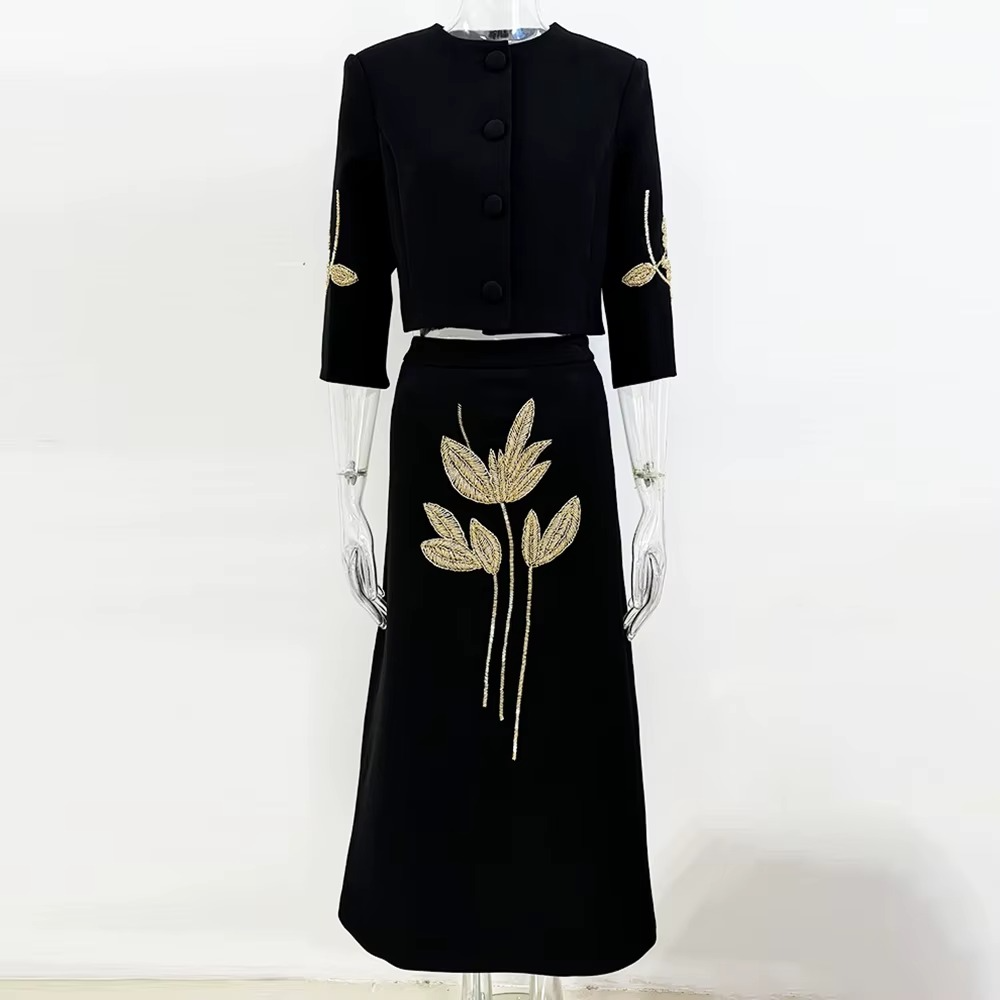 Beaded Cropped Jacket & Midi Skirt Set – Elegant Black Suit