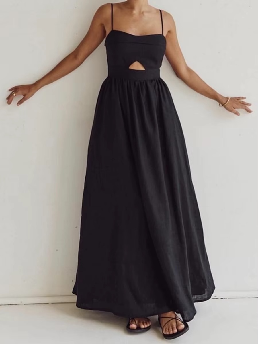 A-Line Cotton Black Cutout Maxi Dress With Pockets