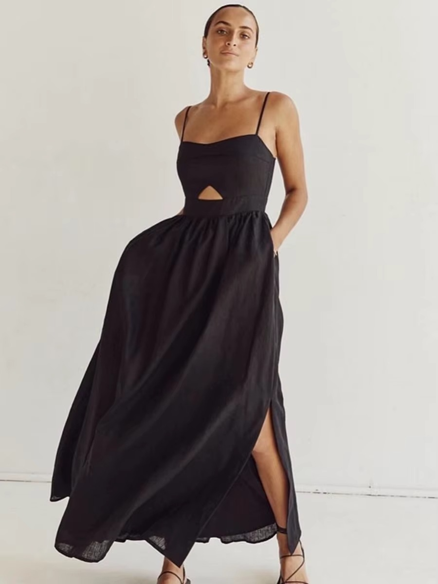 A-Line Cotton Black Cutout Maxi Dress With Pockets