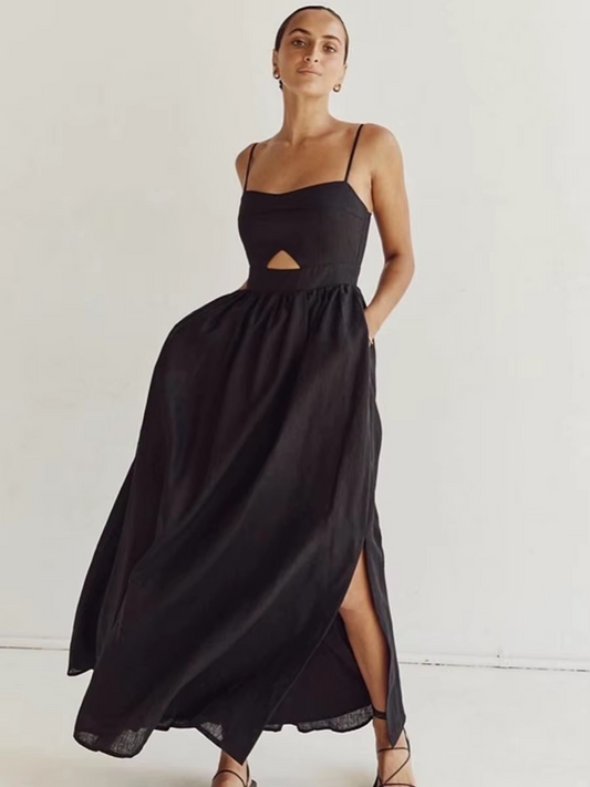 A-Line Cotton Black Cutout Maxi Dress With Pockets