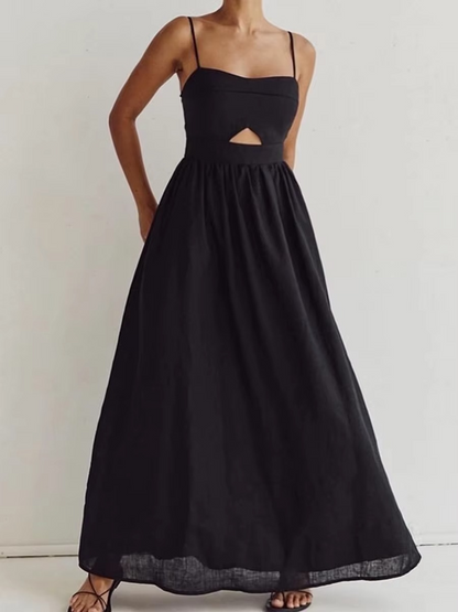 A-Line Cotton Black Cutout Maxi Dress With Pockets