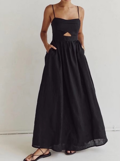 A-Line Cotton Black Cutout Maxi Dress With Pockets