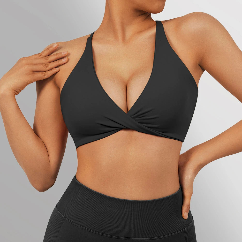 Halter Neckline Chest Twist Workout Top With Chest Pads