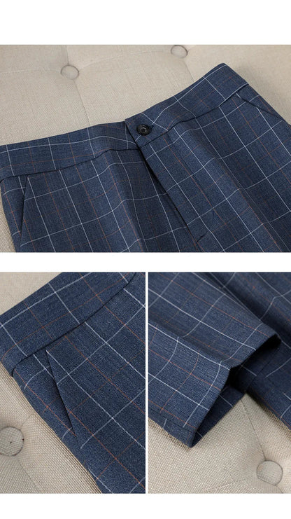 Blue plaid pants with a button on a beige background

