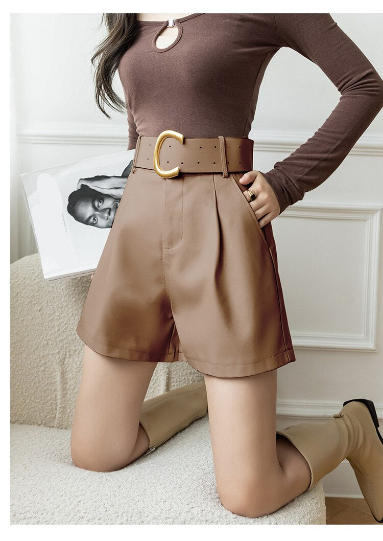 Women's Leather High Waist Shorts with Belt