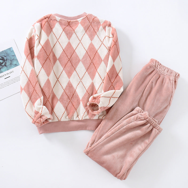 Autumn Winter Argyle Print Flannel Couples Pajama Set - Blouse and Trousers Pajama Set