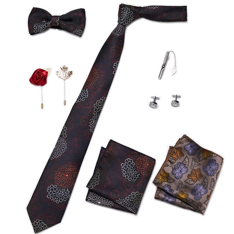 Luxury Bowtie 8 Pcs Tie Set Necktie, Bowtie, 2 Brooches, 2 Cufflinks, and 2 Pocket square