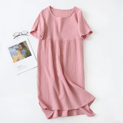 Round Neckline Sleepshirt Short Sleeve Nightgowns Gauze Cotton Nightdress