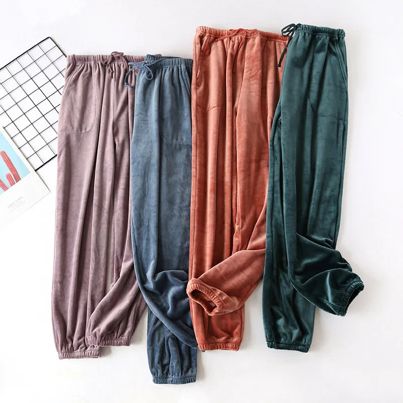 Autumn Winter Velvet Pajama Bottoms - Flannel Pajama Trousers with Pockets