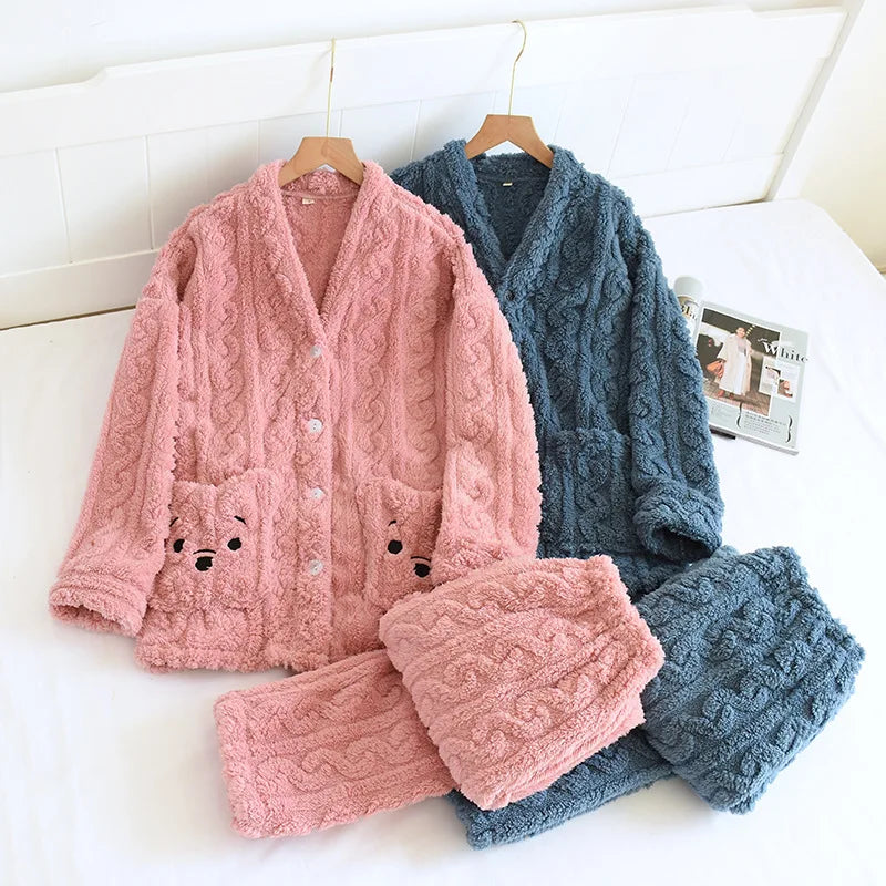 Autumn Winter Flannel Couples Matching Pajamas - V Neckline Jacket and Trousers Pajama Set