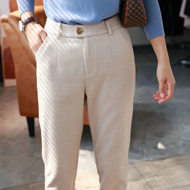 Autumn Winter High Waist Women's Woolen Pencil Trousers