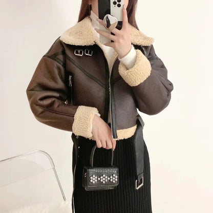 Fur Details Leather Cropped Jacket with Belt