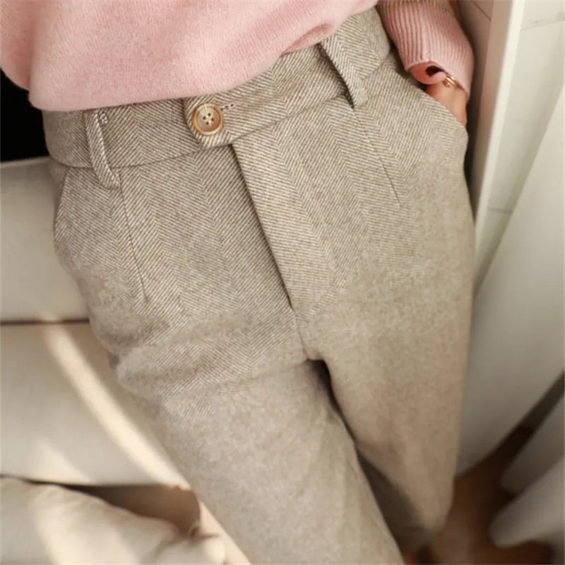 Autumn Winter High Waist Women's Woolen Pencil Trousers