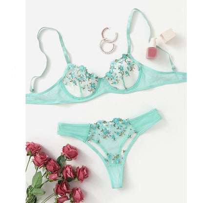 Floral Embroidery Lingerie Set Lace Bra and Thong Set