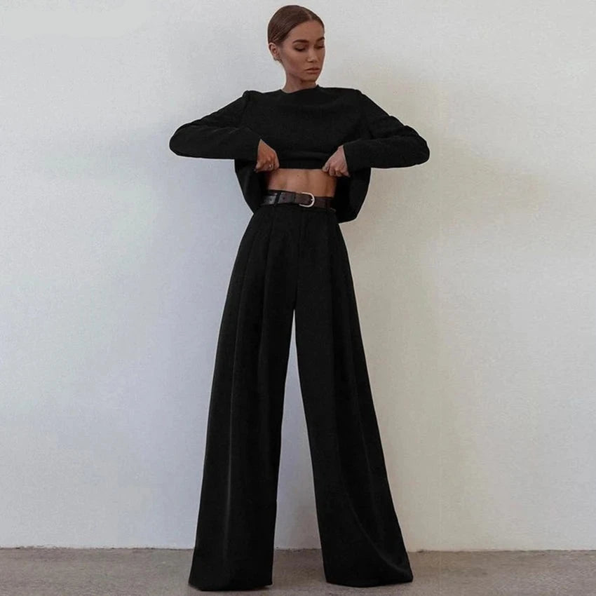 High Waist Wide Leg Suit Tailored Trousers with Long Sleeve Top Set