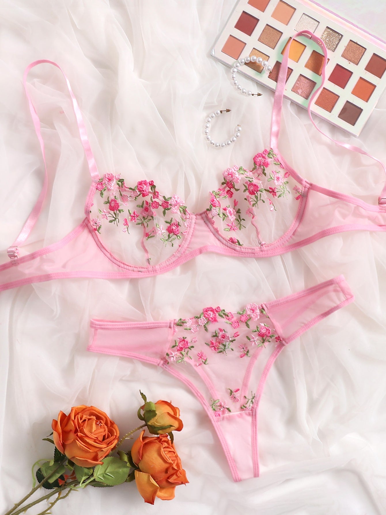 Floral Embroidery Lingerie Set Lace Bra and Thong Set