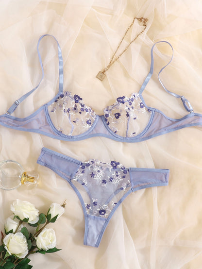 Floral Embroidery Lingerie Set Lace Bra and Thong Set