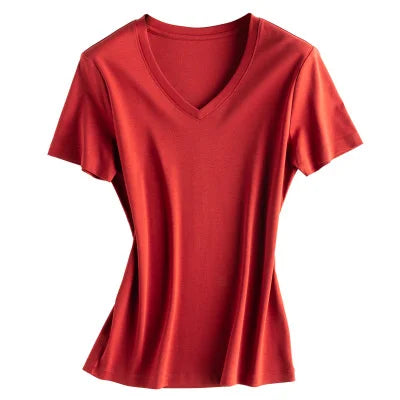 Mulberry Silk Cotton Solid Color V Neckline T-shirt