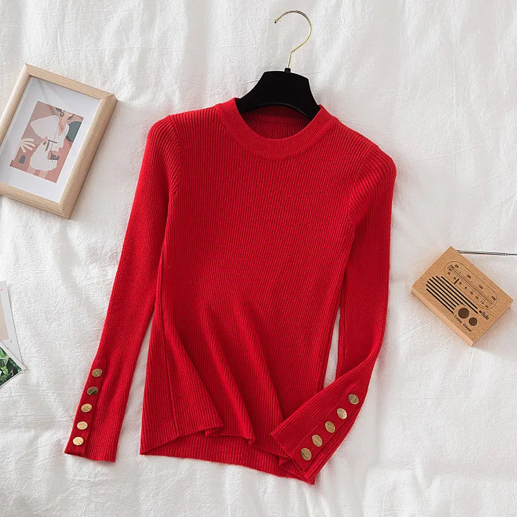 Round Neckline Button Sleeve Sweater