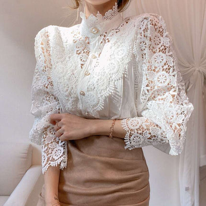 Feminine Petal Flower Cut out Sleeves Lace Blouse Button Shirt