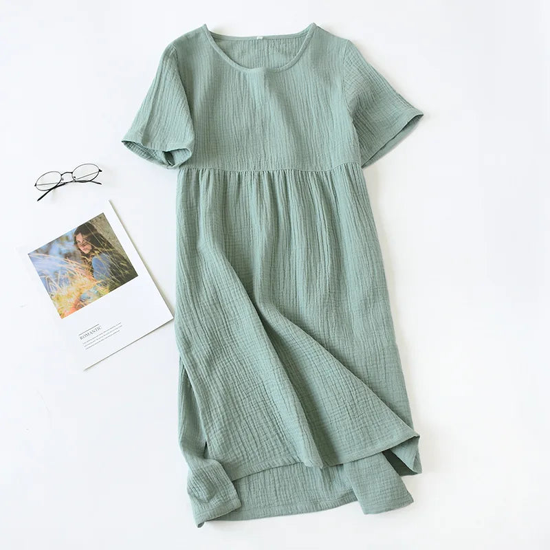 Round Neckline Sleepshirt Short Sleeve Nightgowns Gauze Cotton Nightdress