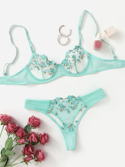 Floral Embroidery Lingerie Set Lace Bra and Thong Set