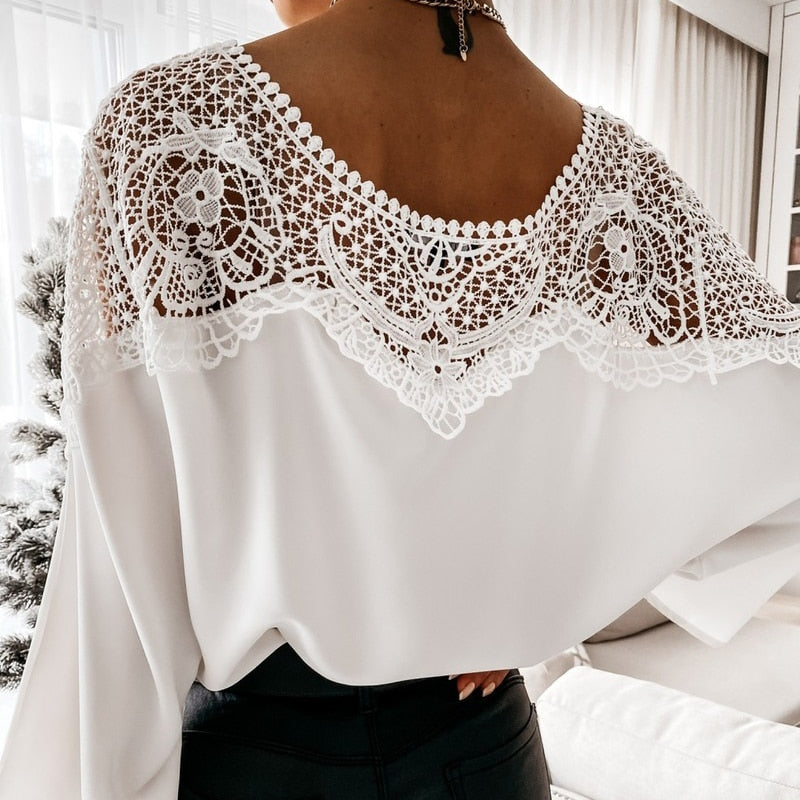 Loose Cut Boat Neckline Lace Details Wide 2/3 Sleeve Blouse