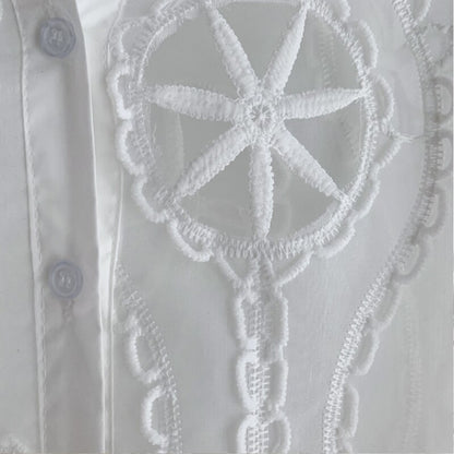 Women's Long Sleeve Sheer Embroidery White Blouse Button Up Cut Out Shirt