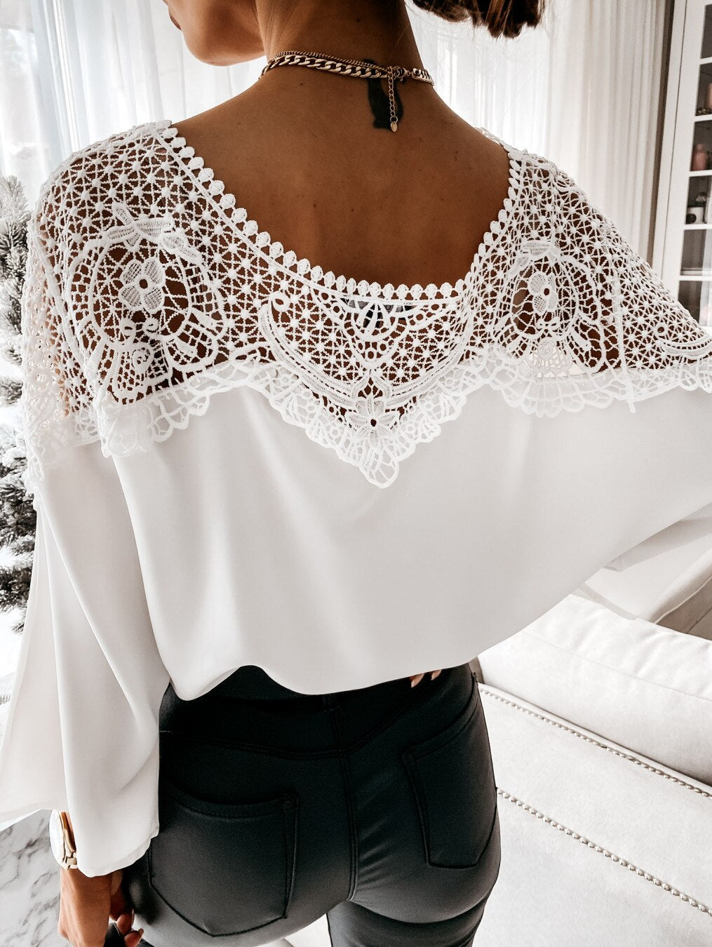 Loose Cut Boat Neckline Lace Details Wide 2/3 Sleeve Blouse