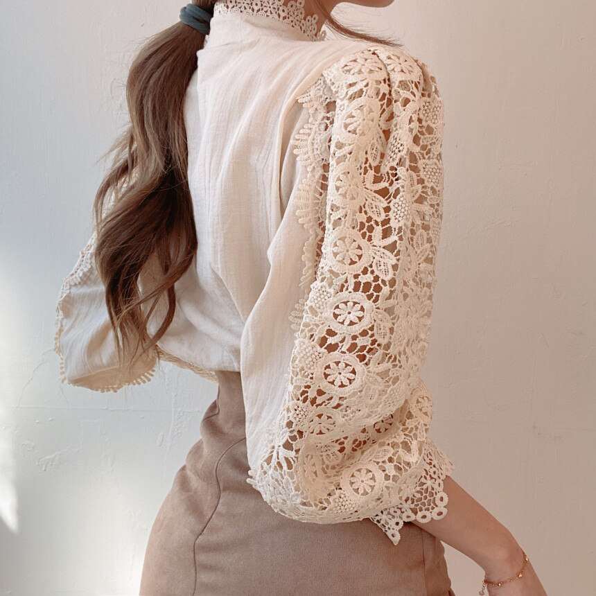 Feminine Petal Flower Cut out Sleeves Lace Blouse Button Shirt