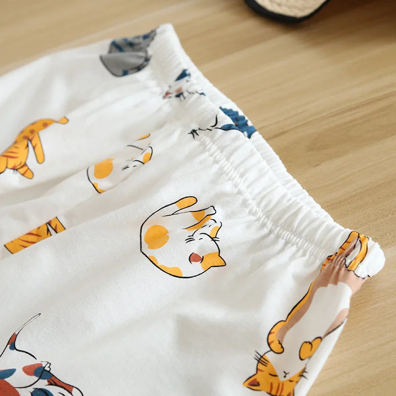 Cats Print 100% Cotton Short Sleeve Shorts Pajama Set