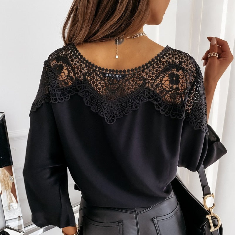 Loose Cut Boat Neckline Lace Details Wide 2/3 Sleeve Blouse