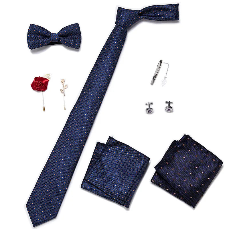 Luxury Bowtie 8 Pcs Tie Set Necktie, Bowtie, 2 Brooches, 2 Cufflinks, and 2 Pocket square