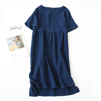 Round Neckline Sleepshirt Short Sleeve Nightgowns Gauze Cotton Nightdress