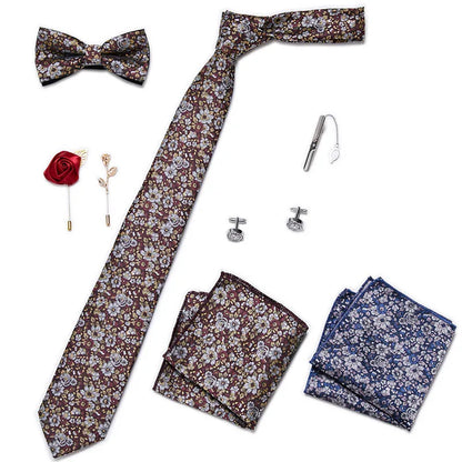 Luxury Bowtie 8 Pcs Tie Set Necktie, Bowtie, 2 Brooches, 2 Cufflinks, and 2 Pocket square